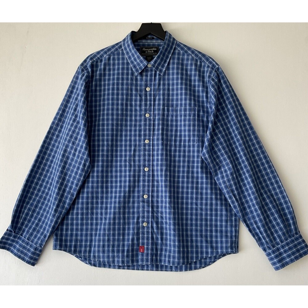 Abercrombie & Fitch Men Large Muscle Button Up Blue Plaid Preppy Vintage 90s Y2K
